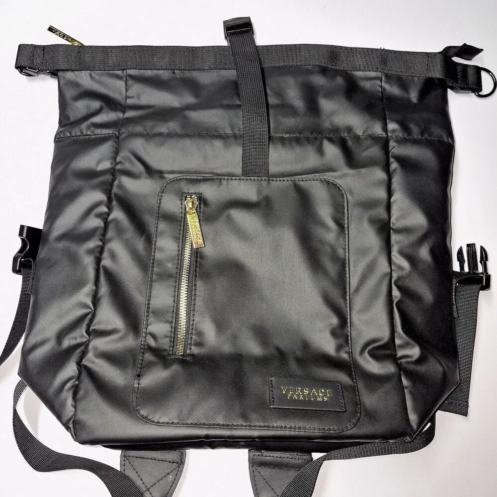 VERSACE Parfums Convertible Rider Backpack Shoulder Tote Bag Black Gold NWOT